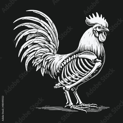 Surreal anatomical illustration of a rooster with a visible skeleton.