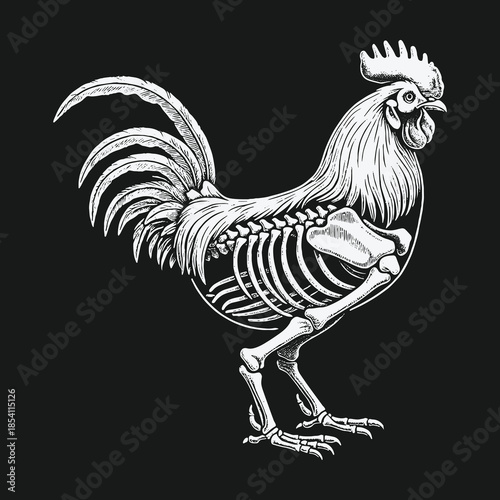 Monochrome rooster illustration with an exposed skeletal system.