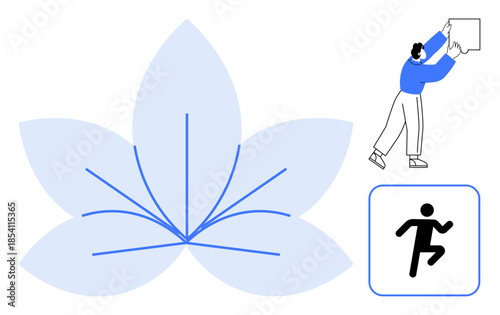 Creativity element. Creativity via a floral symbol and human actions, emphasizing motion and innovation. Creativity in growth, art, progression, dynamics, minimalism