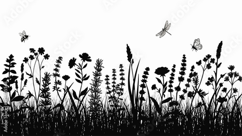 Black Silhouette of Wildflowers and Butterflies.