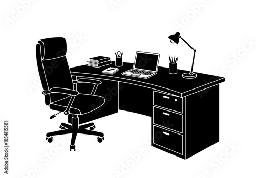 A bold black-and-white silhouette depicts a complete workspace featuring an ergonomic swivel chair facing a desk arranged with an open laptop, stacked books, stationery jars, and an adjustable lamp