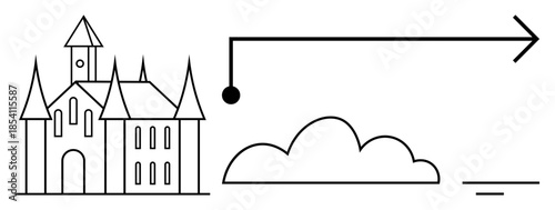 Navigation concept. Line art castle with cloud and directional arrow navigation, destination, and travel guidance. Navigation designs emphasizing location discovery, tourism, mapping, and direction