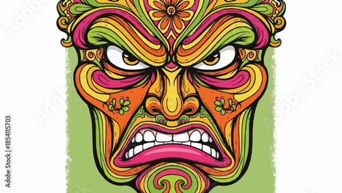 Vibrant Tribal Mask with Aggressive Expression.