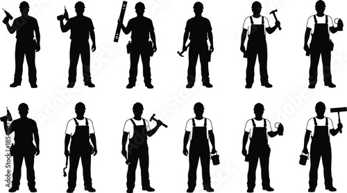 Construction worker silhouettes set featuring professional builders holding tools, safety helmets and workwear for industrial labor design projects
