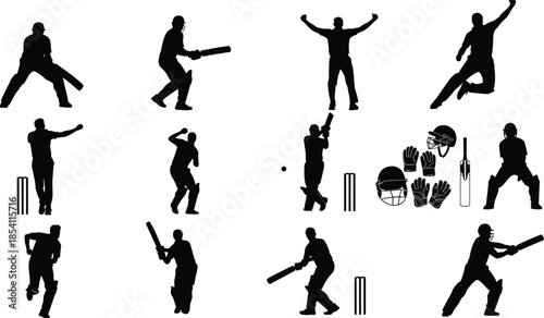 Cricket player action silhouettes set, batting bowling fielding poses, black athlete figures and equipment icons, isolated sports vector illustration pack