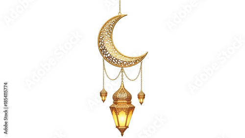 Golden crescent moon lantern hanging on transparent background