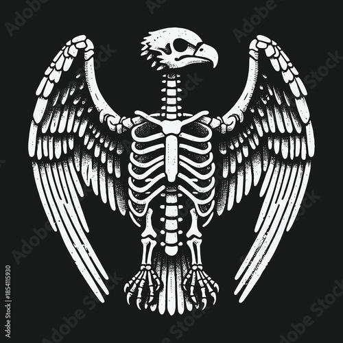 Monochrome illustration of a detailed eagle skeleton with wings spread wide.
