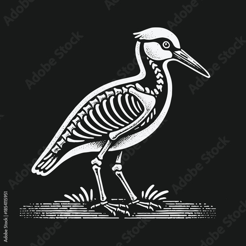 Vintage anatomical illustration of a bird skeleton in a woodcut style.