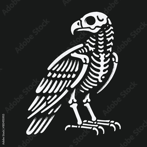 Stylized white eagle skeleton illustration on a solid black background.