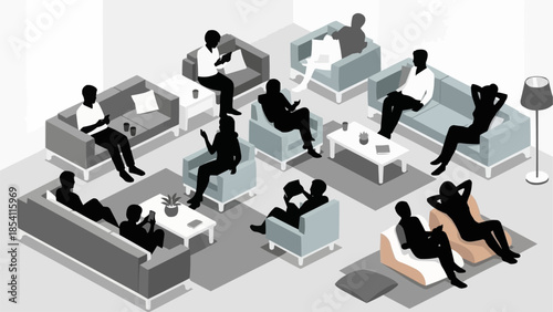 People Relaxing on Sofas in Lounge Area.