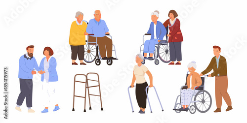 Diverse group of elderly people and caregivers interacting in a supportive setting