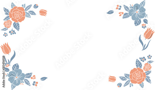 Pastel spring flower frame featuring peach roses and dusty blue leaves, elegant vector border for wedding invitations and greeting cards.