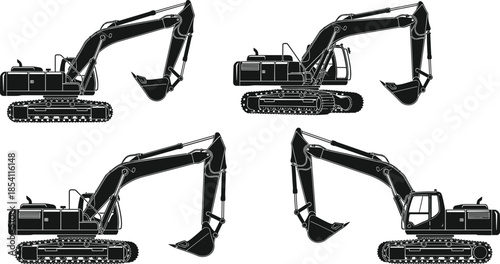 Excavator silhouettes set showing hydraulic arm positions, tracked construction machinery icons for industrial engineering, earthmoving and building design projects