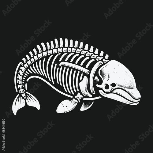 Anatomical illustration of a dolphin skeleton on a black background.