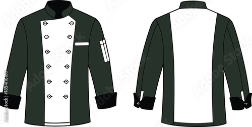 Technical flat sketch of men's chef jacket with black sleeves, double breasted front and back view vector illustration.
