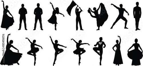 Dance performer silhouettes set, ballet flamenco contemporary poses, expressive human figures collection, black artistic movement vector illustration pack