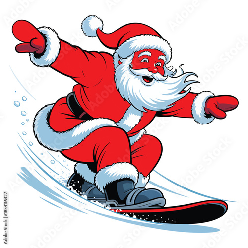 Happy Santa Claus Snowboarding Cartoon Vector Illustration Isolated Graphic Design on Transparent Background Merry Christmas December Holidays Winter Activity