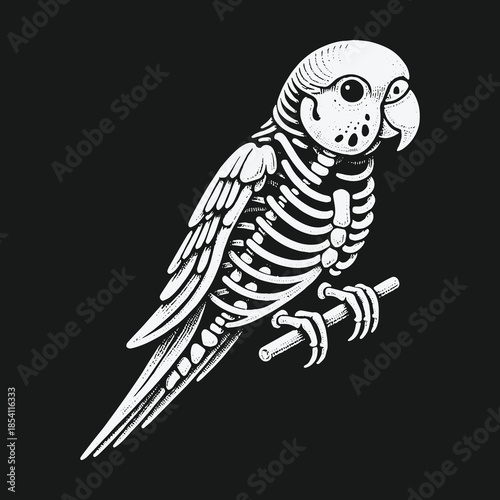 Monochrome Parrot Skeleton Perched on a Branch Illustration.