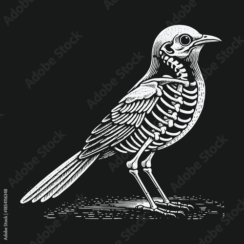 Vintage style anatomical bird with visible skeleton illustration on black background.