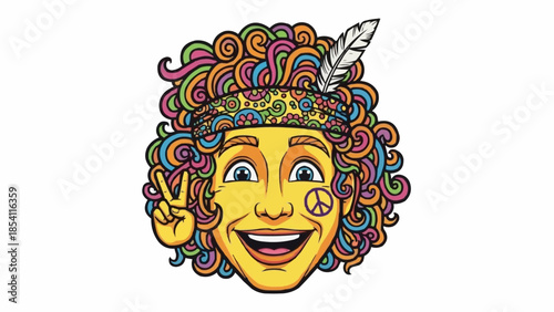 Colorful Cartoon Face with Peace Sign Hand Gesture.