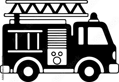 Flat black silhouette icon of a fire truck with ladder and siren isolated on white background, perfect for emergency service, fire safety, and rescue concepts.