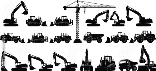 Large construction machinery silhouettes collection featuring excavators, bulldozers, cranes, dump trucks and tractors for industrial engineering design projects