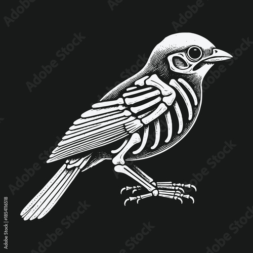 Stylized Sparrow Skeleton Revealed in a Monochrome Illustration.