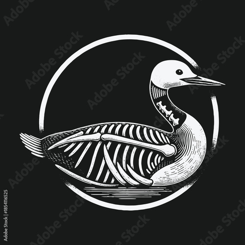 Monochrome engraving of an anatomical duck within a circular frame.