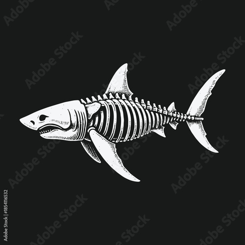 Monochrome shark skeleton illustration on a black background.