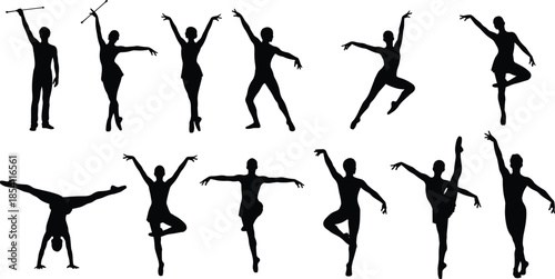 Dance, dancer, silhouette, set, ballet, contemporary, jazz, poses, graceful, movement, performance, art, fitness, rhythm, black, vector, illustration, collection, isolated, icons