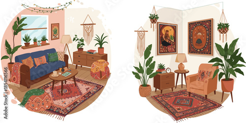Boho living room icons, cozy interior illustration set, earthy decor visuals, plant and textile design, eclectic furniture arrangement