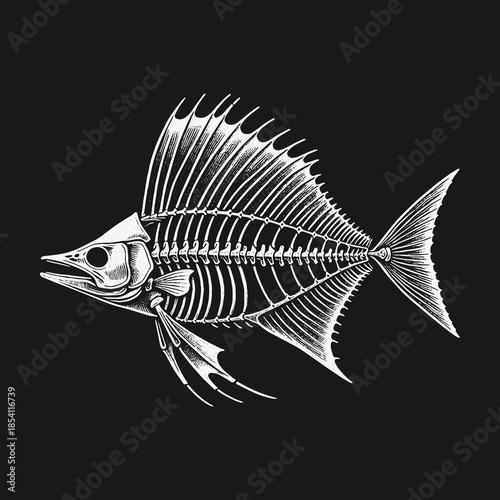 Monochrome Engraving Style Fish Skeleton Anatomy Art.