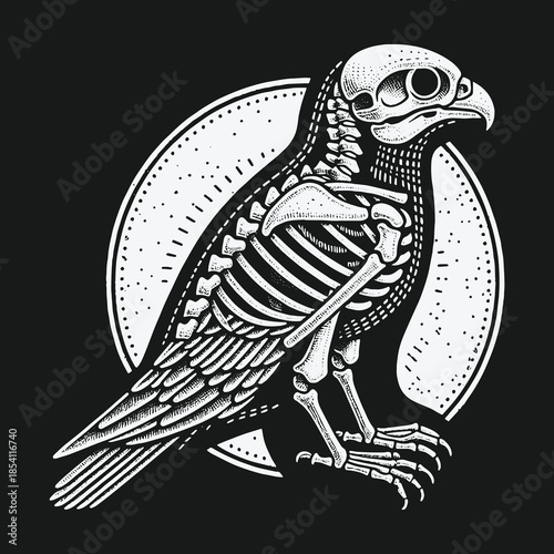 Gothic Falcon Skeleton Bird Illustration on Black Background.