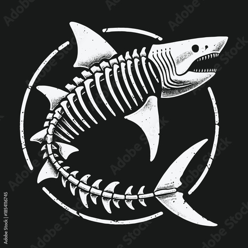 Monochrome illustration of a shark skeleton in a circular grunge frame.