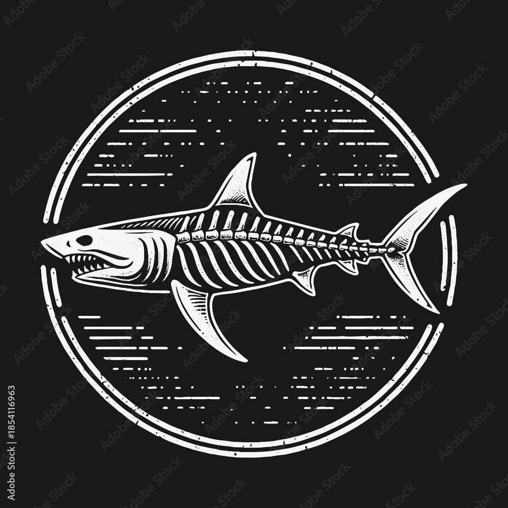 Obraz premium Vintage monochrome shark skeleton illustration emblem design.