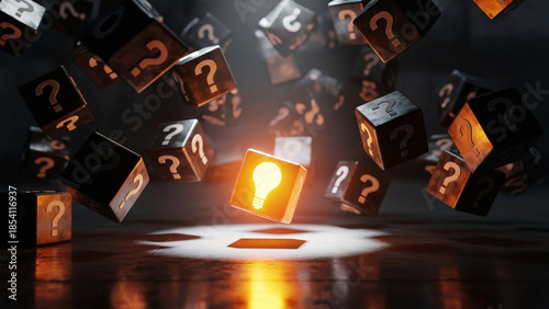 Glowing lightbulb cube among question mark cubes floating in dark idea