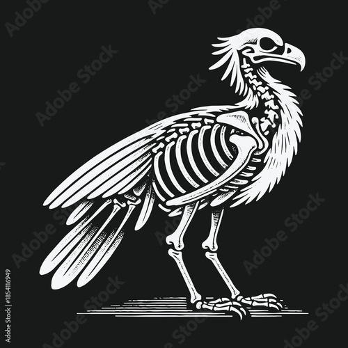 Monochrome Illustration of a Bird Skeleton Anatomy.