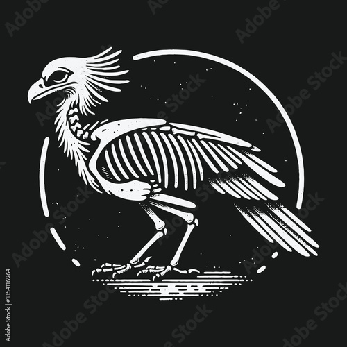 Stylized black and white illustration of a bird skeleton with a prominent crest inside a circular frame.