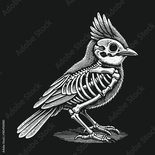 Gothic anatomical illustration of a bird skeleton with feathers on a black background.