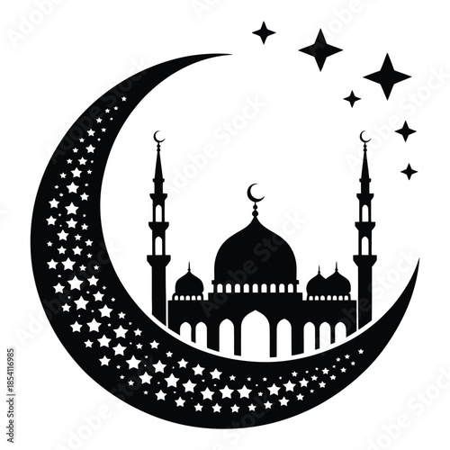 Mosque with moon and stars silhouette design ramadan kareem kareem islamic eid mubarak architecture design religious buildings vector drawing 180