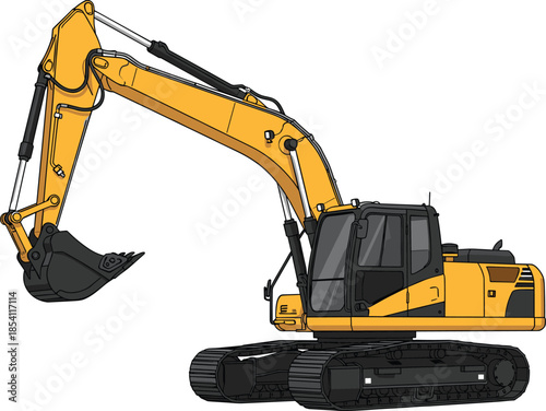 Yellow hydraulic excavator illustration isolated on white background for construction, heavy machinery, engineering, earthmoving, and industrial equipment concepts