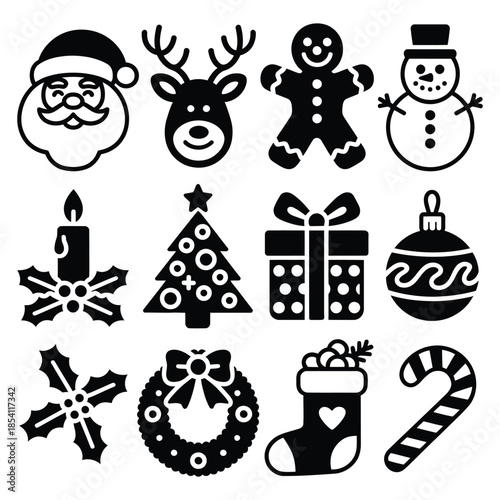 Set of christmas icons collection santa claus reindeer gingerbread man snowman candle holly tree gift christmas ball wreath stocking and candy 180