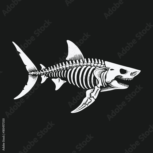 Detailed anatomical illustration of a shark skeleton on a black background.