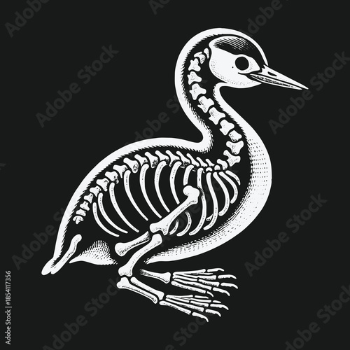 Detailed anatomical illustration of a bird skeleton in a vintage style.