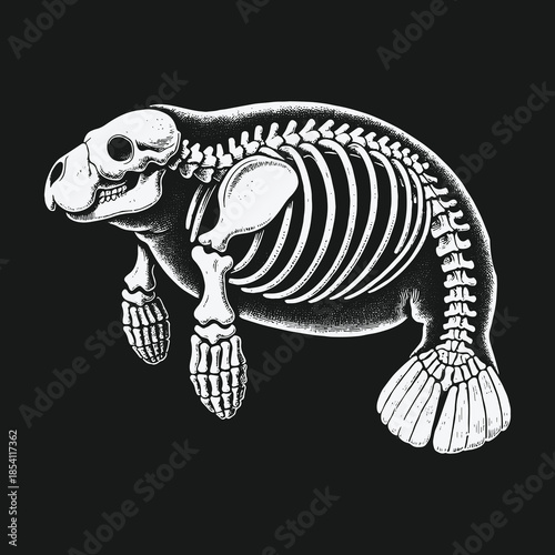 Detailed anatomical illustration of a manatee skeleton on a black background.