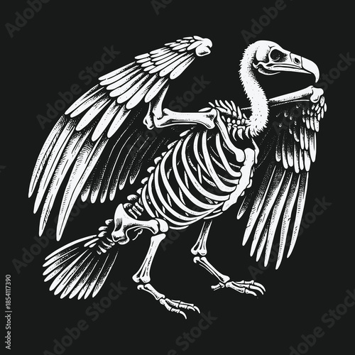 Detailed Vulture Skeleton Illustration on Black Background.
