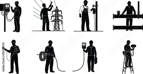 Utility and maintenance worker silhouettes set featuring electricians, technicians and inspectors using equipment for industrial engineering and infrastructure projects