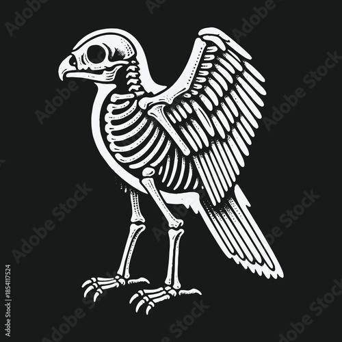 Anatomical illustration of a bird of prey skeleton in white on a black background.