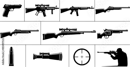 Comprehensive collection of black weapon silhouettes featuring assault rifles, pistols, shotguns, sniper scopes, ammunition, and a shooter figure isolated on a white background.