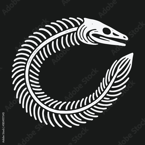 Vintage style eel skeleton illustration forming a circular shape.